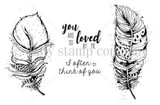 Red rubber stamp sheet with two detailed patterned feathers facing each other plus the sentiments "you ARE SO loved BY ME" and "I often think of you".