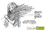 Grace Upon Grace red rubber stamp set: a girl with long wavy hair hugging an armful of feathery sprigs, with 'grace upon grace' and 'FILL YOUR MIND WITH BEAUTY & TRUTH.' Philippians 4:8.