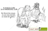 Simple Places stamp sheet: a girl in a dress walking beside a long-maned pony through tall grass, with the sentiments 'A simple life is a beautiful life' and 'My favorite place in all the world is next to you.'