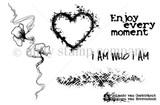 I Am Who I Am stamp sheet: a tall flowing ribbon vine with poppies, a grungy splattered heart, a mesh burlap texture strip, 'Enjoy every moment' and 'i am who i am'.