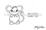 Black-and-white itty bitty stamp of a cute mouse holding a heart beside 'Just a little thank you.'