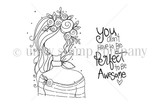 Black-and-white stamp art of a Planner Gal with a floral crown and long hair, and 'You don't have to be perfect to be awesome.'