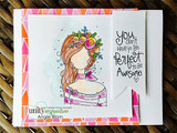 Card with the flower-crowned girl and 'You don't have to be perfect to be awesome' on pink triangle paper.