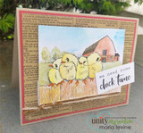 Kraft embossed card with the chick-and-barn scene on a stitched panel and 'chick time' on a torn tag.