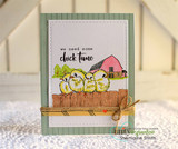 Soft green card with the chicks and barn colored gently, jute twine bow and 'we need some chick time' at the top.