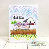 Speckled blue card with the chicks on the fence over a green grass border and the 'chick time' sentiment above.