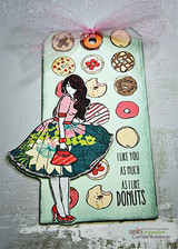Addison Girl mixed-media card, the AngieGirl figure's skirt colored with patterned papers, 'Let's Party' sentiment on a layered background.