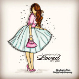 Handmade card with Angie Blom's Addison Girl, a stylish fashion illustration of a young woman in a full flared skirt and heels holding a purse, sentiment 'I wanna be Loved by you'.