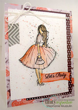 Addison Girl mixed-media card, the AngieGirl figure's skirt colored with patterned papers, 'Let's Party' sentiment on a layered background.
