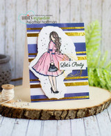 Handmade card with Angie Blom's Addison Girl, a stylish fashion illustration of a young woman in a full flared skirt and heels holding a purse, sentiment 'I wanna be Loved by you'.