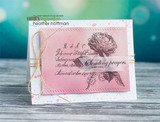 Sample card with the rose collage stamped in pink over an ink-blended panel, tied with twine, and 'Sending prayers your way' on a vellum strip.