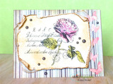 Sample card with the rose collage colored pink and yellow-green on a torn, distressed panel over striped paper with pink butterflies and pearls.