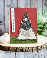Card with the pine tree scene stamped on cream against red and green patterned papers with a vertical happy birthday strip and a moon accent