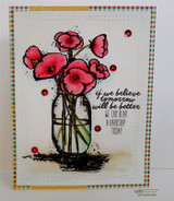 Card with a red gingham border and a stitched white panel, the jar of poppies coloured in bright red with a green tinted jar, red sequins and the sentiment "if we believe tomorrow will be better we can bear a hardship today".