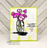 Card with a lime green frame and yellow watercolour splashes, the poppies coloured in bright pink and magenta in a teal tinted jar, with the tomorrow will be better sentiment alongside.