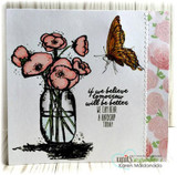Soft card with a pink rose patterned strip, the poppies coloured in blush pink in a pale jar with a golden butterfly fluttering beside and the tomorrow will be better sentiment.