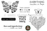 Stamp sheet: a large patterned butterfly, a small outline butterfly, a heart made of tiny butterflies, and sentiments including 'EVERYTHING resides in hope', 'have passion, be crazy, live and love', 'strength love & beauty' and 'flaws and imperfections make us real'.