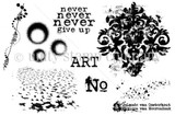 Never stamp sheet: a grungy damask motif, halftone circles, a sketchy vertical line, a ripple texture, ink splatters, a typewriter 'No', 'ART' and the stacked 'never never never give up' sentiment