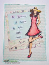 Mila girl in a red dress and yellow hat on floral paper with the sentiment 'to survive it helps if you look cute'