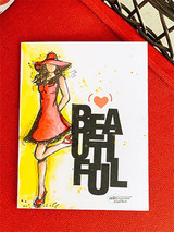 Mila girl in a red dress and hat on a yellow splash background with big black letters spelling 'BEAUTIFUL' and a heart