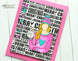 Card with the girl in a pink sweater on a 'Merry Christmas' word background.