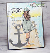 Beach-scene card with the girl standing beside a large gray anchor and 'you are enough' in bold letters.