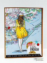 Card with the girl in a yellow dress layered over a colorful map background, 'you are enough.'