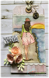 Textured mixed-media card with the girl, paper roses and a scalloped border, 'because you are enough.'