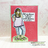 Card with Gianna Girl colored in lavender and blue, die cut and popped onto a red embossed floral panel with the 'let us dance in the sun' sentiment on a white label.
