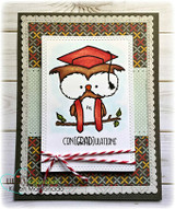 Graduation owl in a red cap on layered patterned papers with 'Con[grad]ulations.'