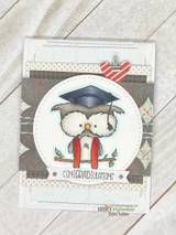 Graduation owl in a circle on a wood-look card with 'Con[grad]ulations.'
