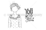 Red rubber stamp art of Angie Blom's flower-crowned Planner Gal with 'YOU got this girl' arrow sentiment