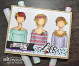Kraft card of three Planner Gals in a row, 'living one amazing happy LIFE'