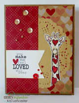 Card with the heart-patterned giraffe on red and dotted panels, 'you make me feel loved all over.'