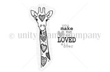Line-art red rubber stamp of a patterned giraffe with a heart, 'you make me feel loved all over,' from the Itty Bitty collection.