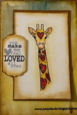 Vintage-toned card with the giraffe matted in browns, 'you make me feel loved all over.'