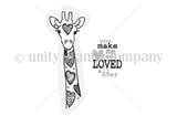 Line-art red rubber stamp of a patterned giraffe with a heart, 'you make me feel loved all over,' from the Itty Bitty collection.
