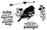Stamp sheet for You Make You: a solid songbird silhouette with heart-shaped cutout spots on a leafy sprig, an arrow with a heart, a stem of hearts and leaves, and the sentiments 'today is just the beginning of so many beautiful things' and 'Just you, doing you, makes you beautiful'.
