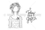 Planner Gal Today red rubber stamp art by Angie Blom. Flower-crowned girl with 'Today is a Gift' script sentiment.