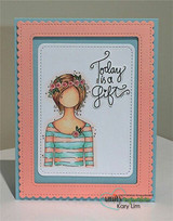 Coral-framed card with the flower-crowned planner gal. Today is a Gift script.