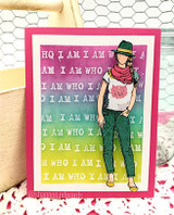 Bright green card of the girl over an 'I AM WHO I AM' background.
