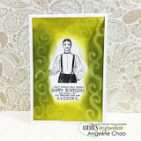 Olive green blended card with a swirl stencil behind the suspendered gentleman and the sentiment 'I don't always wish people HAPPY BIRTHDAY but when I do, it's because they are AWESOME.'