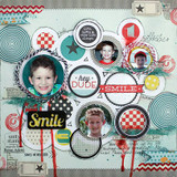 Scrapbook layout of circle framed photos of a smiling boy, with the spiral circle in teal, red checkered circles, star tickets, stitched borders and red paint drips, with 'collect moments' and 'story of my LIFE' stamped along the edges