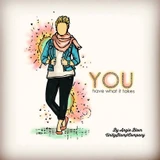 Card with Vicki Girl colored in a teal jacket, coral scarf and black trousers over a pink and yellow ink splattered background, 'YOU have what it takes' stamped in gold beside her.
