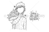 Planner Gal Cold Outside red rubber stamp art by Angie Blom. Girl in knit hat and scarf with 'Baby it's cold outside' sentiment.