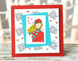 Red and aqua card with the winter gal framed by repeated cold-outside script and tiny hearts