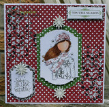 Red polka-dot Christmas card — winter girl in snowflake-stamped frame, 'tis the season
