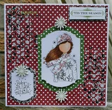 Red polka-dot Christmas card. Winter girl in snowflake-stamped frame, 'tis the season.