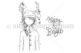 Line-art stamp of a planner girl wearing reindeer antlers beside 'Merry & Bright' in script.