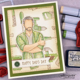 Green card with Forrest Guy holding a drill against tool-print paper, 'HAPPY DAD'S DAY' banner.